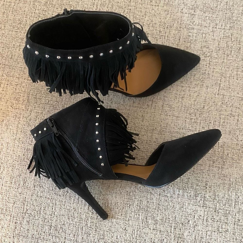 Nine West Womens Fringe 3.5 Heels Pointed Suede Trendy Pumps Black Size 7.5